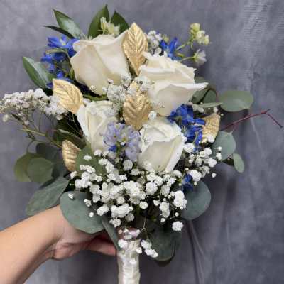 White gold blue prom bouquet