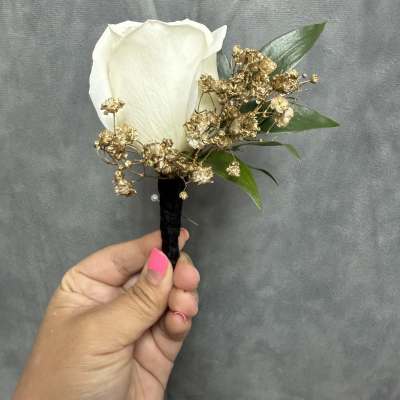 Black Gold white rose boutonnière