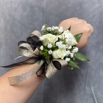 Black Gold White spray roses wrist corsage