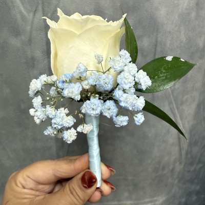 Baby blue White Rose boutonnière