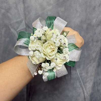 Emerald Green Sliver White Spray roses corsage