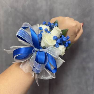 Royal blue white spray roses wrist corsage