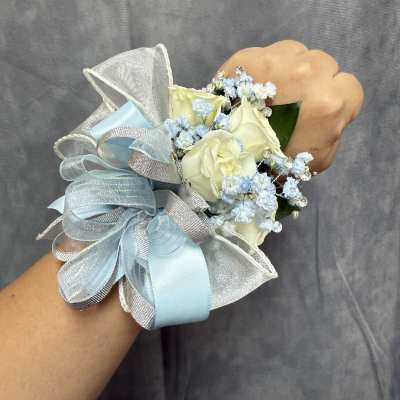 Baby blue Silver White spray roses corsage