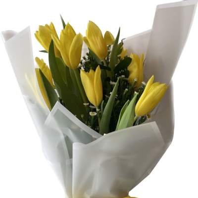 Yellow tulip bouquet wrapped in white paper with a yellow ribbon