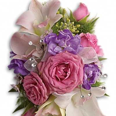 Pink and purple bouquet with roses and calla lilies