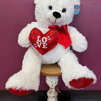 18" White bear holding a red Heart
