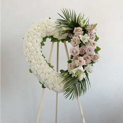 Heart-shaped white floral wreath on a stand with pale roses and lilies