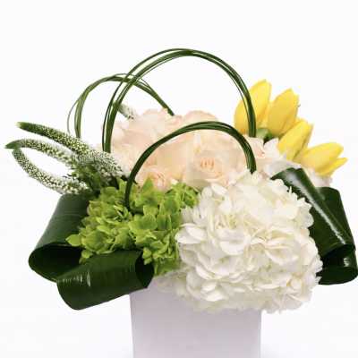 Arrangement of white hydrangeas, pale roses, and yellow tulips in a white vase