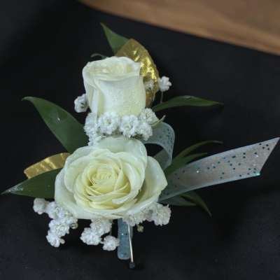 White, Light Blue, and Gold Boutonniere