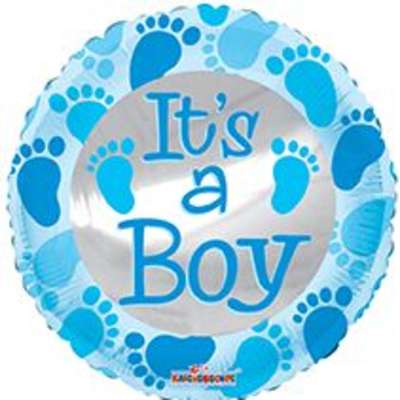 Round foil balloon with blue footprints and the words "It's a Boy" in blue letters