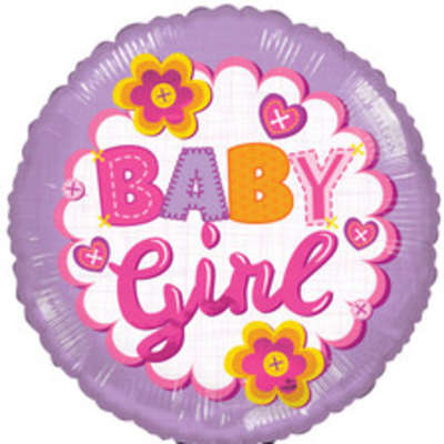 Round lavender balloon with 'Baby Girl' text and pink and yellow flower graphics