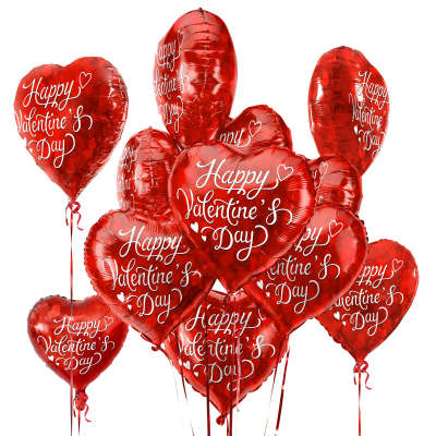 Cluster of red heart-shaped balloons with Happy Valentine’s Day text