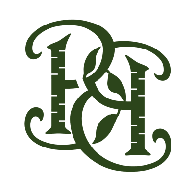 Dark green monogram letters intertwined on a green background
