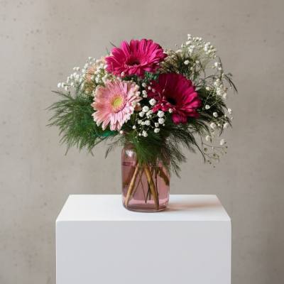 Pink gerbera daisies in a glass vase with baby's breath