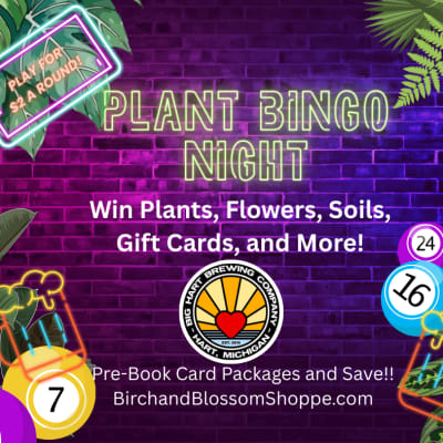 Promotional graphic for Plant Bingo Night with neon text and bingo balls