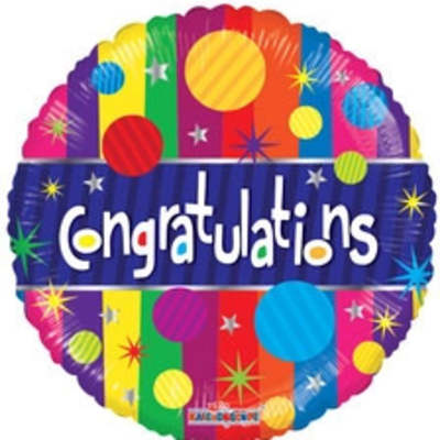 Round foil 'Congratulations' balloon with colorful stripes, circles, and stars