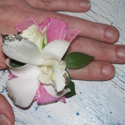 White orchid corsage with pink ribbon on a hand