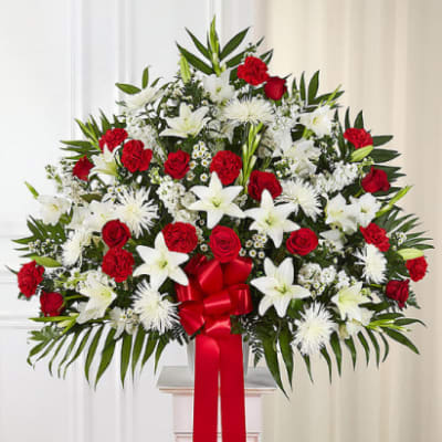 Red and white standing basquet