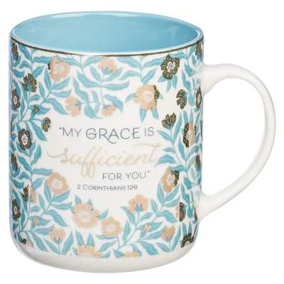 Mug My White/Teal Floral Grace Is Sufficient 2 Cor 12:9