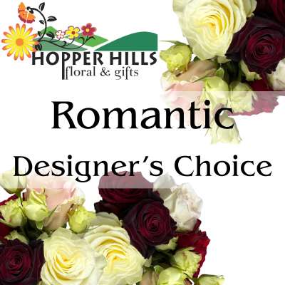 Romantic designer's choice bouquet with red, white, and pale pink roses