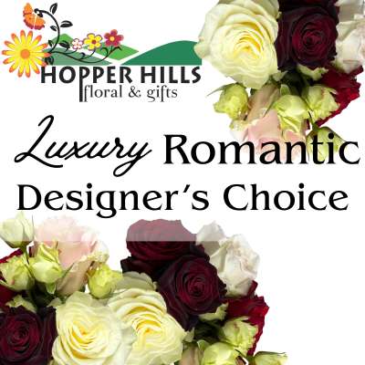 Designer’s choice rose bouquet in cream, burgundy, and blush tones