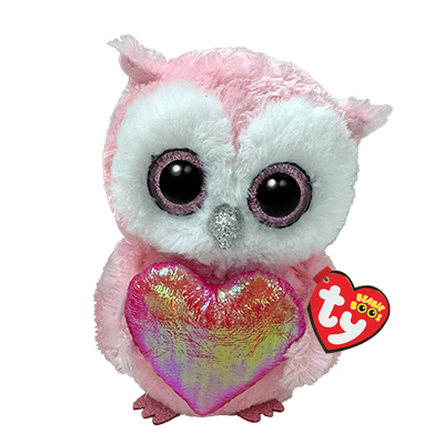 Pink plush owl with large glittery eyes holding an iridescent heart-shaped pillow.
