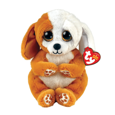 Brown and white plush puppy with large glittery eyes and a red heart-shaped Ty tag