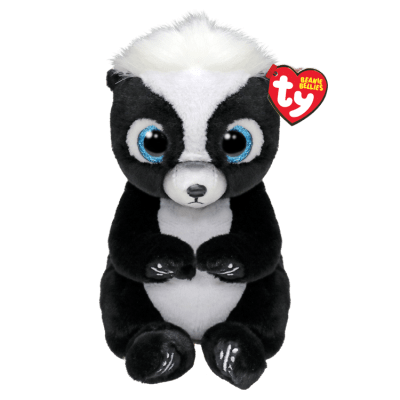 Black and white skunk plush toy with large blue eyes and a red heart-shaped tag