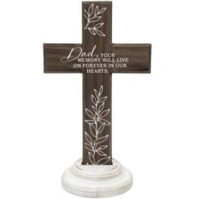 Brown memorial cross with Dad remembrance message on a white pedestal base