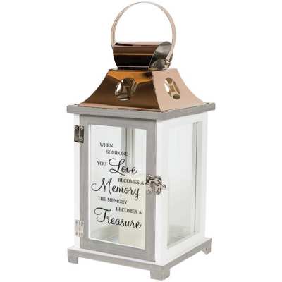 White and gray memorial lantern with glass panels and a quote about love and memory.