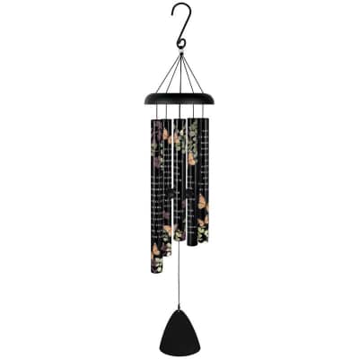 Black metal wind chime with printed butterflies, foliage, and white script text.