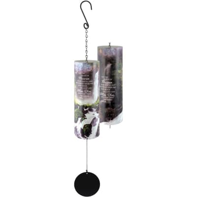 Pair of cylindrical memorial wind chimes with waterfall scene hanging from a hook