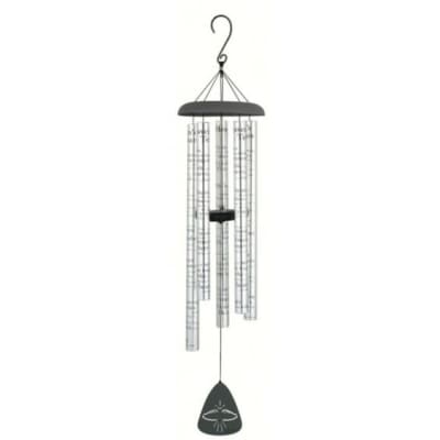 Tall silver wind chime with black top, multiple metal tubes, and a black sail with a simple line design