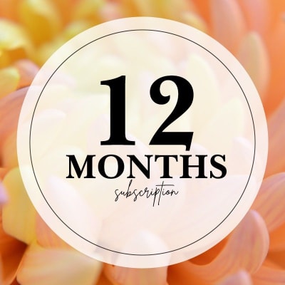 Round label reading 12 months subscription over a blurred peach floral background