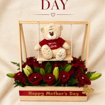 Wooden box with rocking chair, roses and lilies, small teddy bear, Happy Mother's Day ribbon