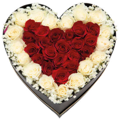 Heart-shaped black box filled with red and white roses framed by small white filler flowers