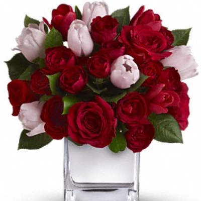 Red and pale pink roses arranged in a clear glass vase