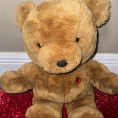 Brown teddy bear with a small red heart on its chest