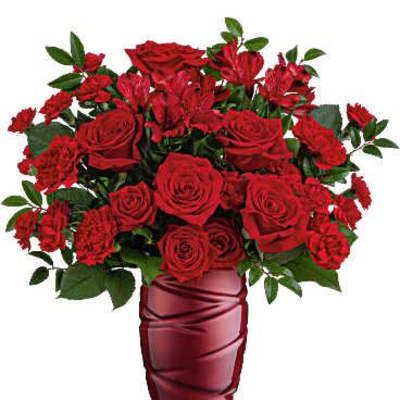 Red roses and carnations in a red glass vase