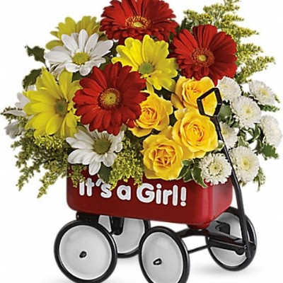 Bouquet of red, yellow, and white flowers in a red wagon with "It's a Girl!" text
