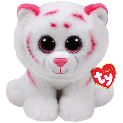 White and pink plush tiger with large glittery eyes sitting upright