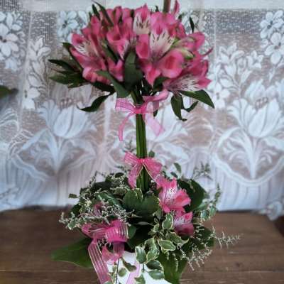 Pink alstroemeria arrangement in a white container with ribbon