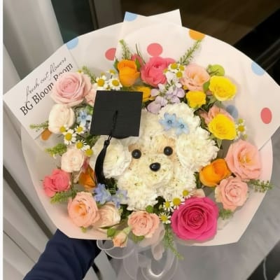 Graduation Pup Wrapped Bouquet