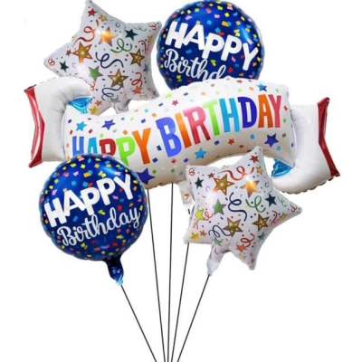 Birthday balloons with stars and confetti patterns