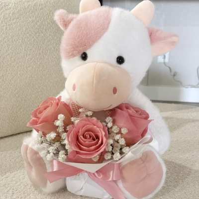 Cow Plush & Pink Roses