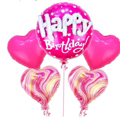 Pink birthday balloon bouquet with heart-shaped balloons