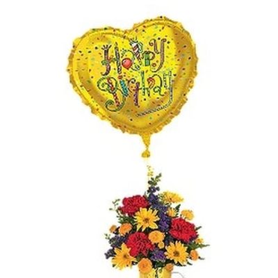 Yellow birthday balloon above a colorful flower bouquet in a mug