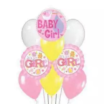Pink and white baby girl balloons with one yellow balloon