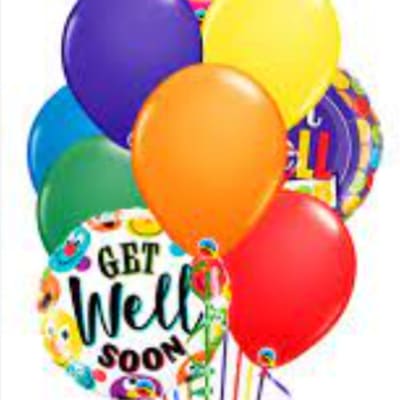 Colorful get well soon balloons with ribbon tails