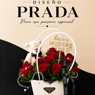 ELEGANT DESIGN (Prada) roses, Happy Mother's Day topper, Prada metal ribbon and logo, small teddy bear